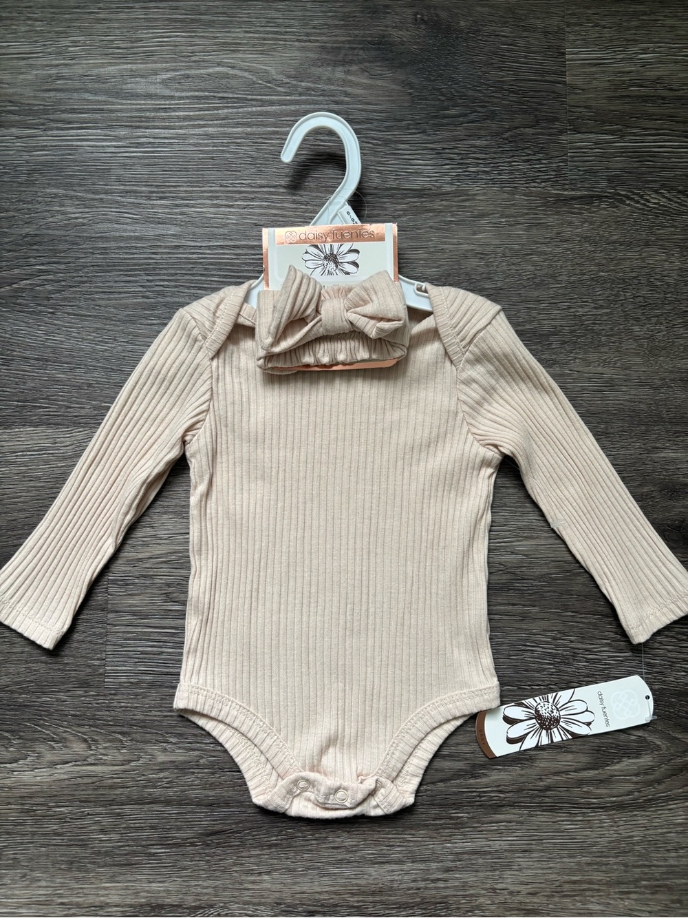 Daisy Fuentes Cream Ribbed Long-Sleeve Baby One-Piece with Bow Headband